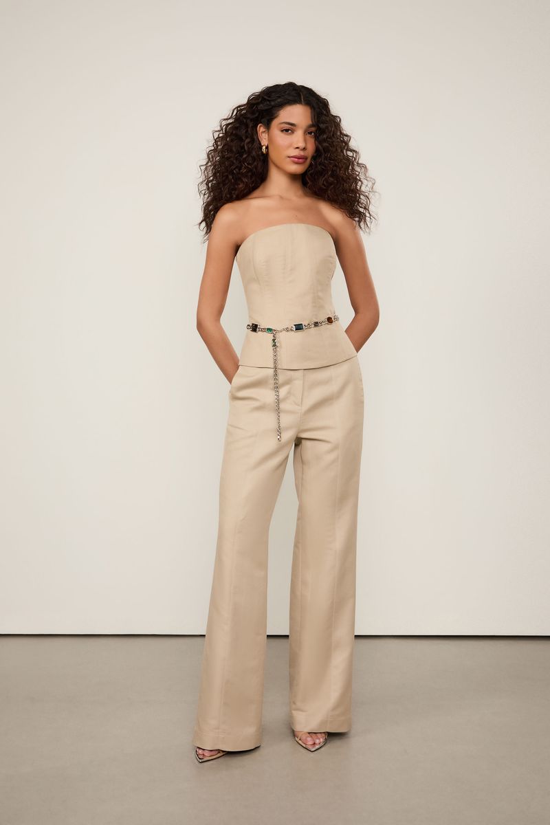 Top De Linho Com Algodao Justo Khaki