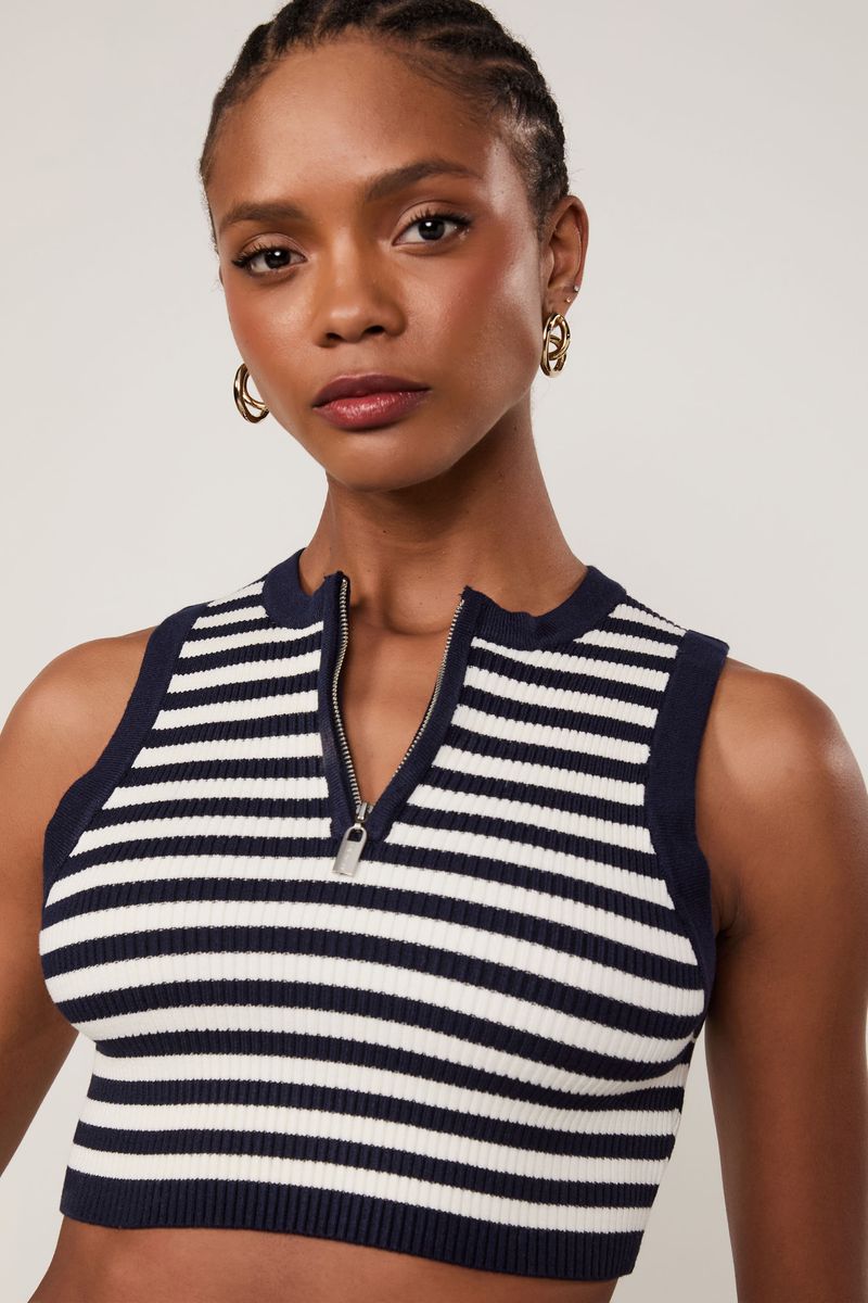 Top Cropped De Tricot Listrado Com Zíper Decote
