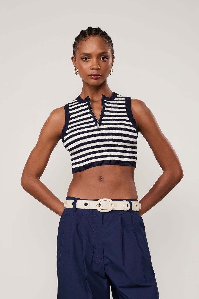 Top Cropped De Tricot Listrado Com Zíper Decote