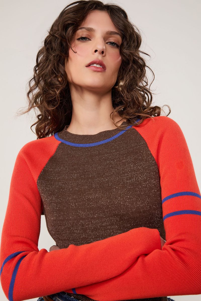 Blusa De Tricot Manga Longa Listrado Assimétrico