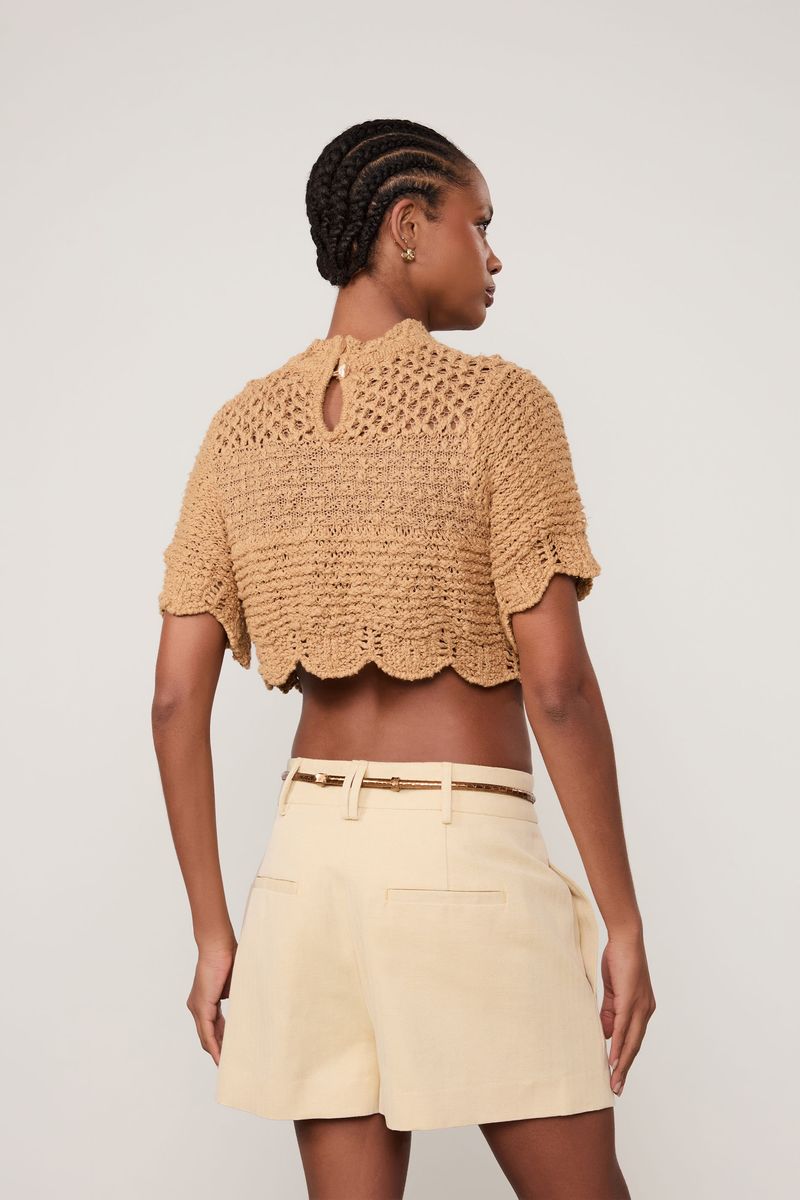 Blusa De Tricot Cropped Ponto Rústico Babados