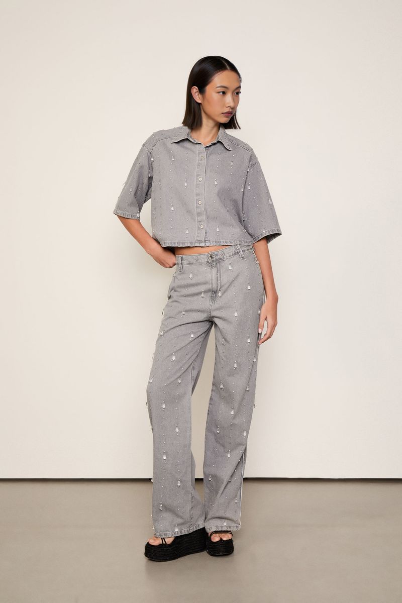 Camisa Jeans Cropped Over Com Cristais