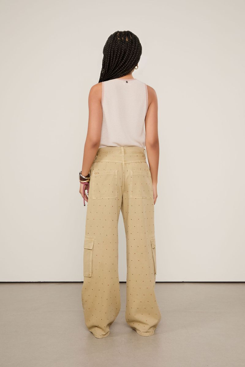 Calça Sarja Wide Leg Strass Color
