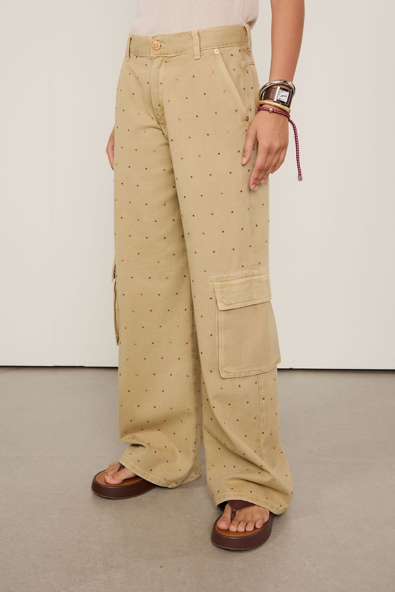 Calça Sarja Wide Leg Strass Color