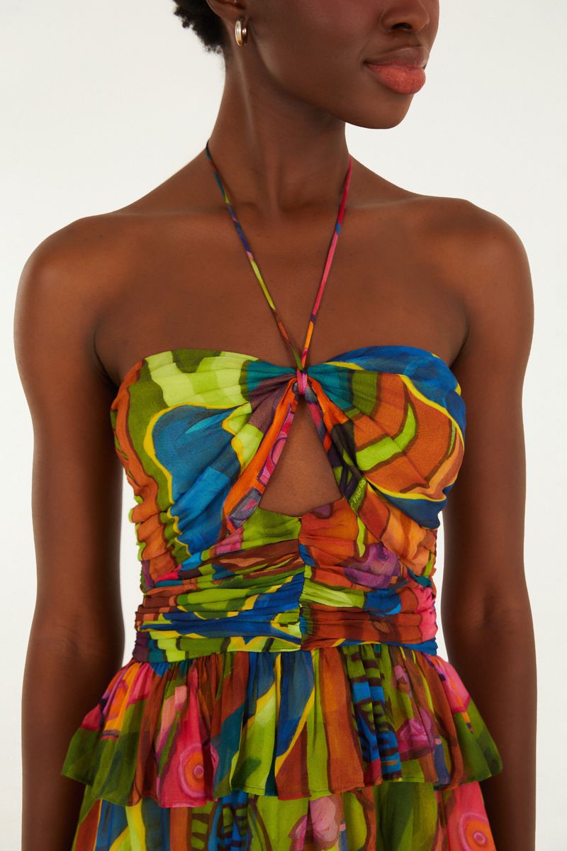 Vestido Midi Babados Estampado Tropical Sound