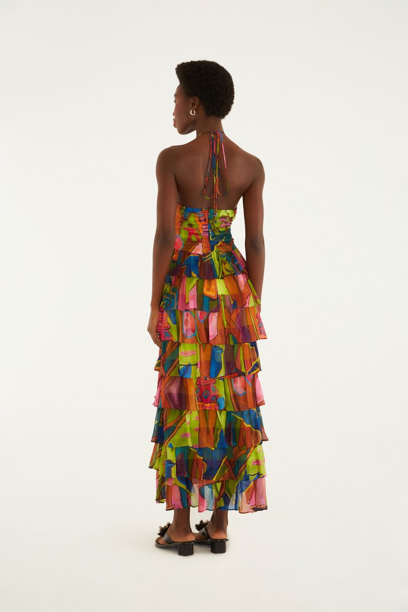 Vestido Midi Babados Estampado Tropical Sound