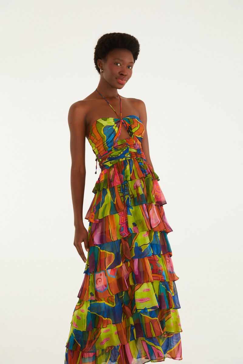 Vestido Midi Babados Estampado Tropical Sound