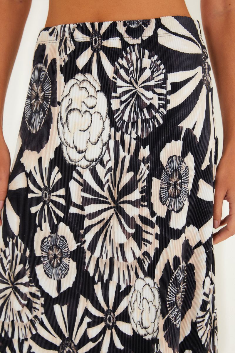 Saia Midi Plissada Estampada Flora
