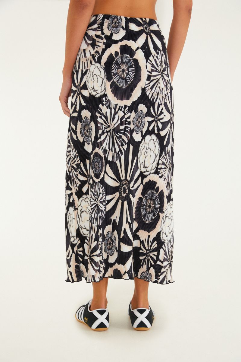 Saia Midi Plissada Estampada Flora