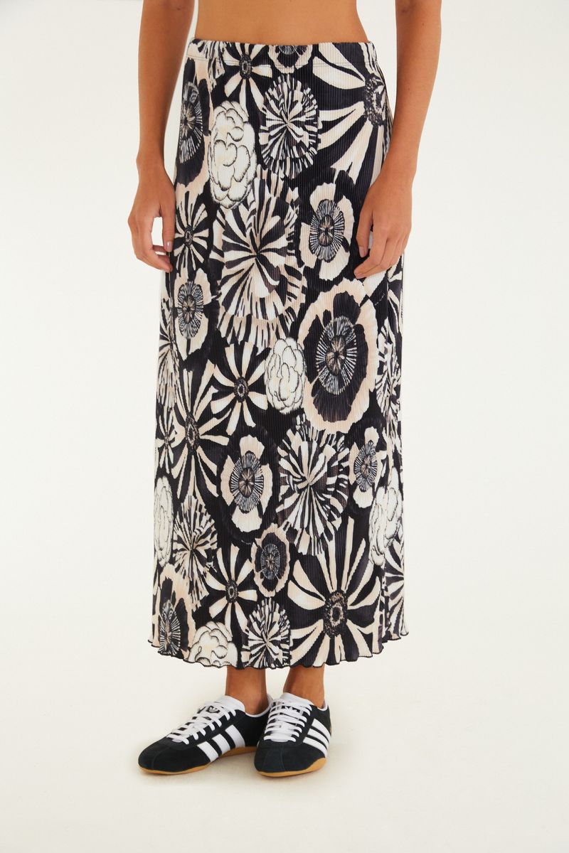Saia Midi Plissada Estampada Flora
