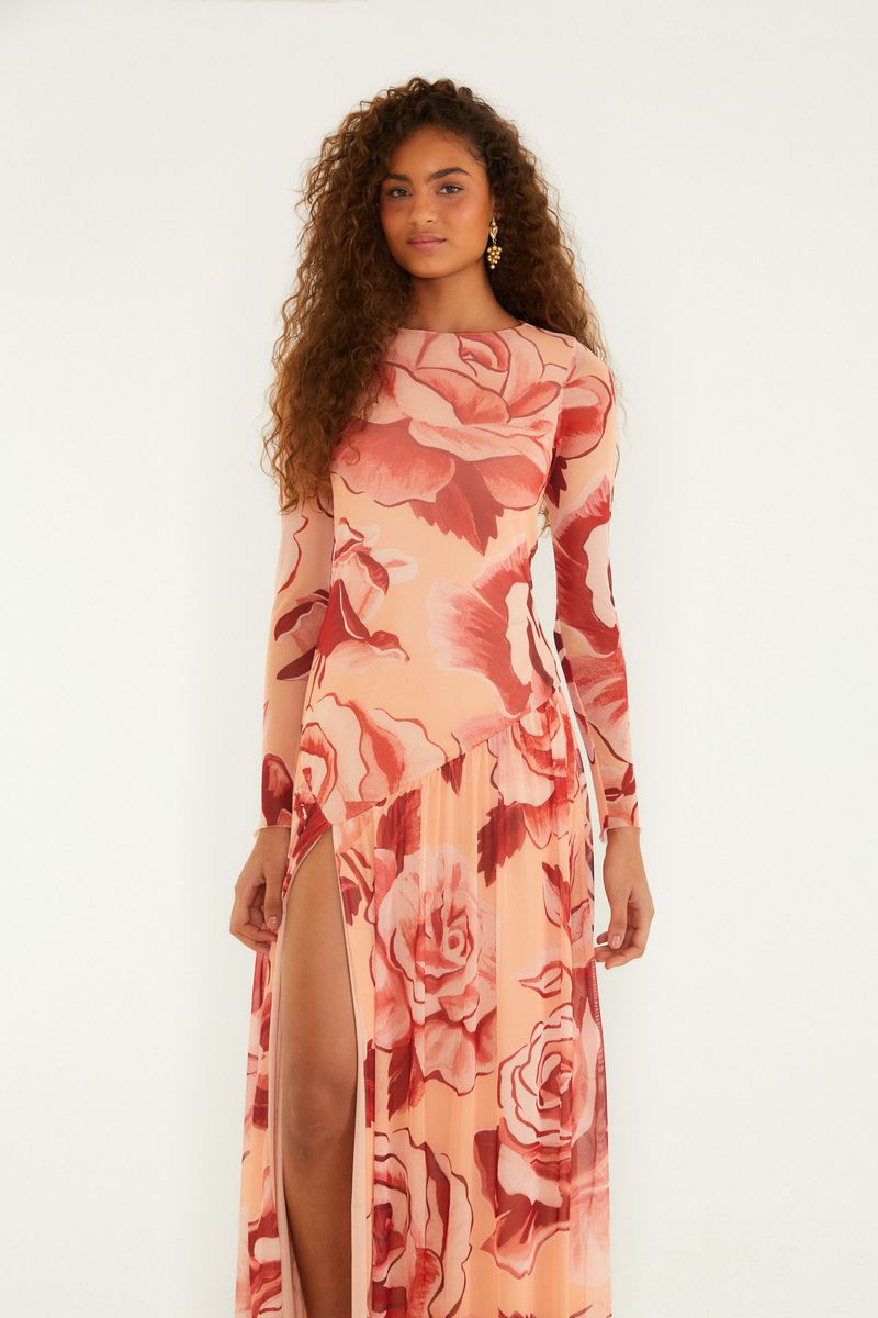 Vestido Sobreposição Tule Estampado Rosas Pintadas