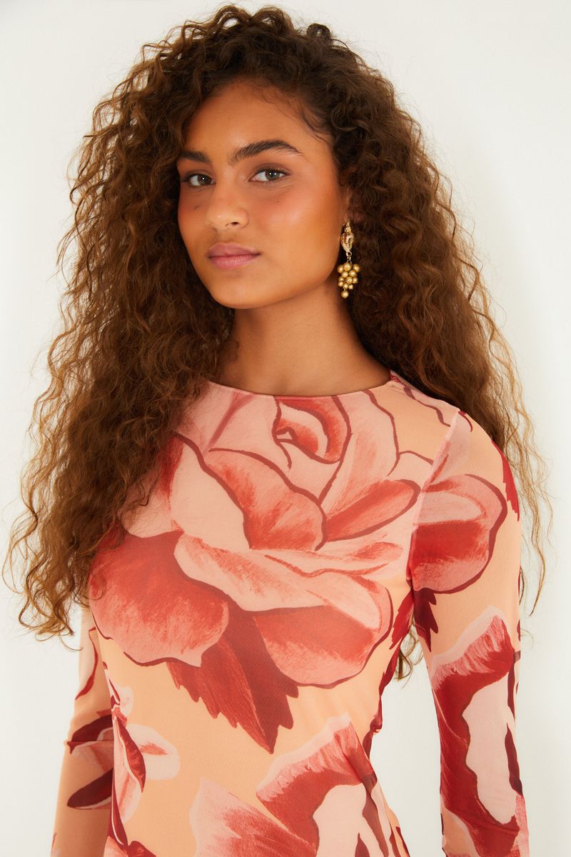Vestido Sobreposição Tule Estampado Rosas Pintadas