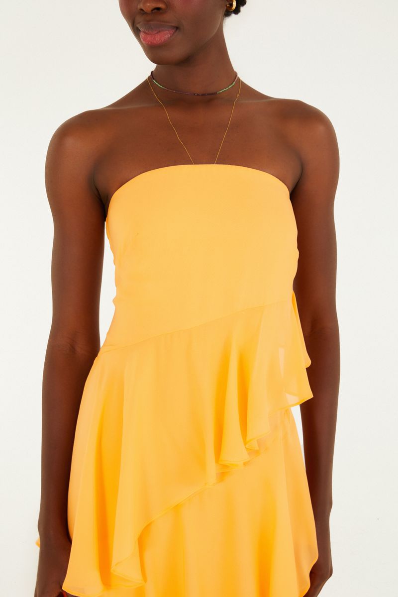 Vestido Sem Alça Babados Irregular