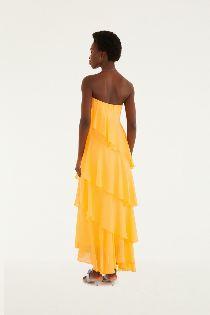 Vestido Sem Alça Babados Irregular