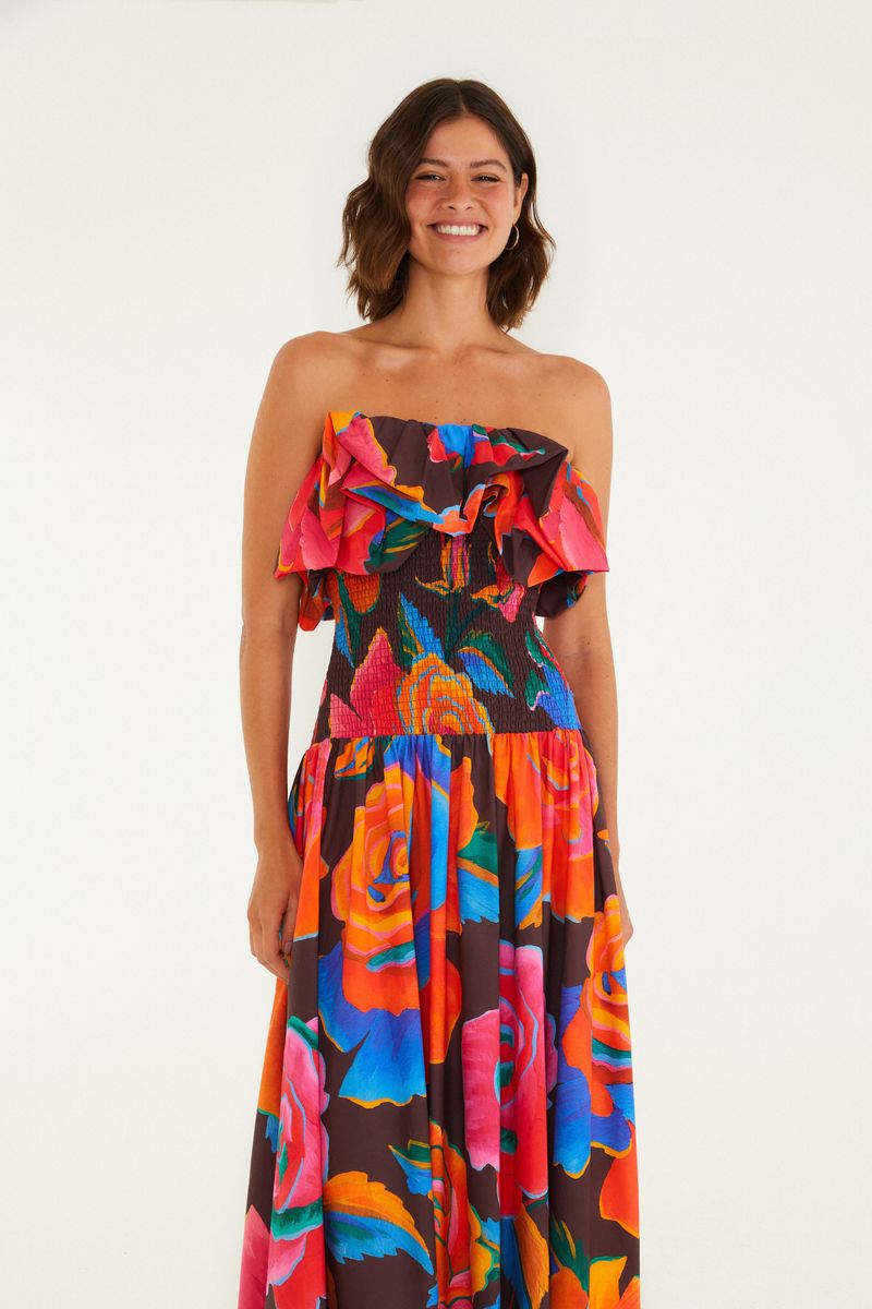 Vestido Balonê Estampado Rosas Pintadas