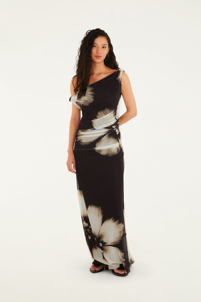 Vestido Tule Cropped Estampado Maya