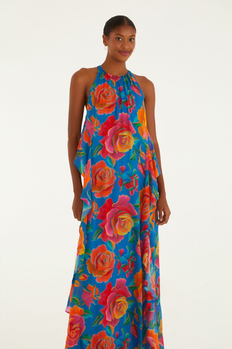 Vestido Babados Estampado Rosas Pintadas