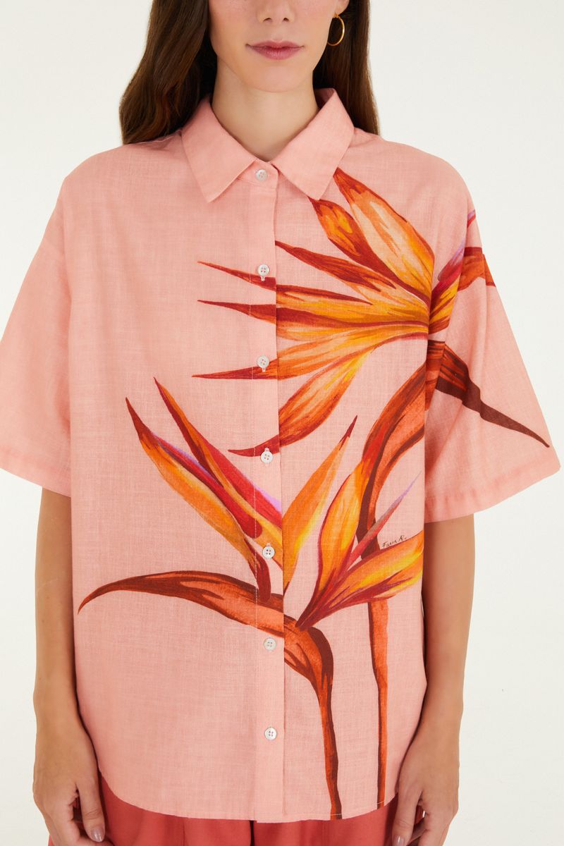 Camisa Estampada Maxi Estrelícia Rosa