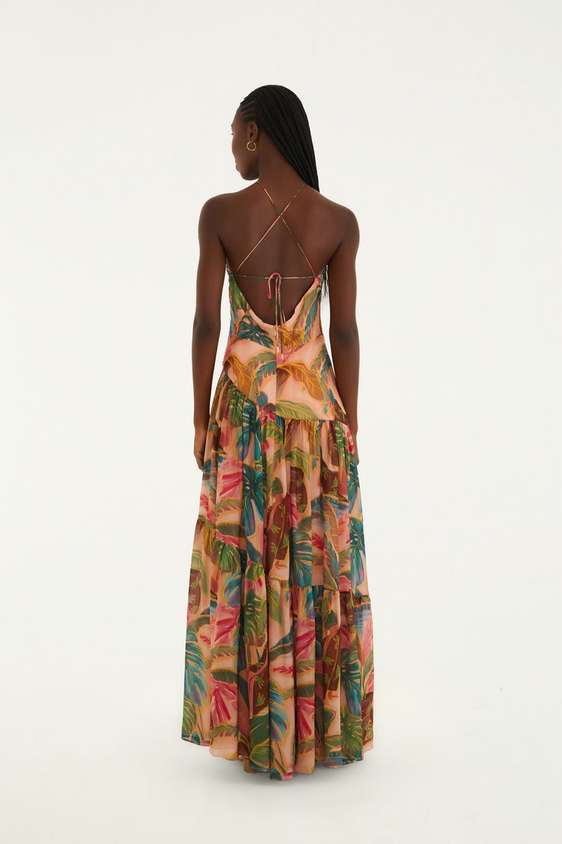 Vestido Longo Frente Única Estampado Piscina Tropical
