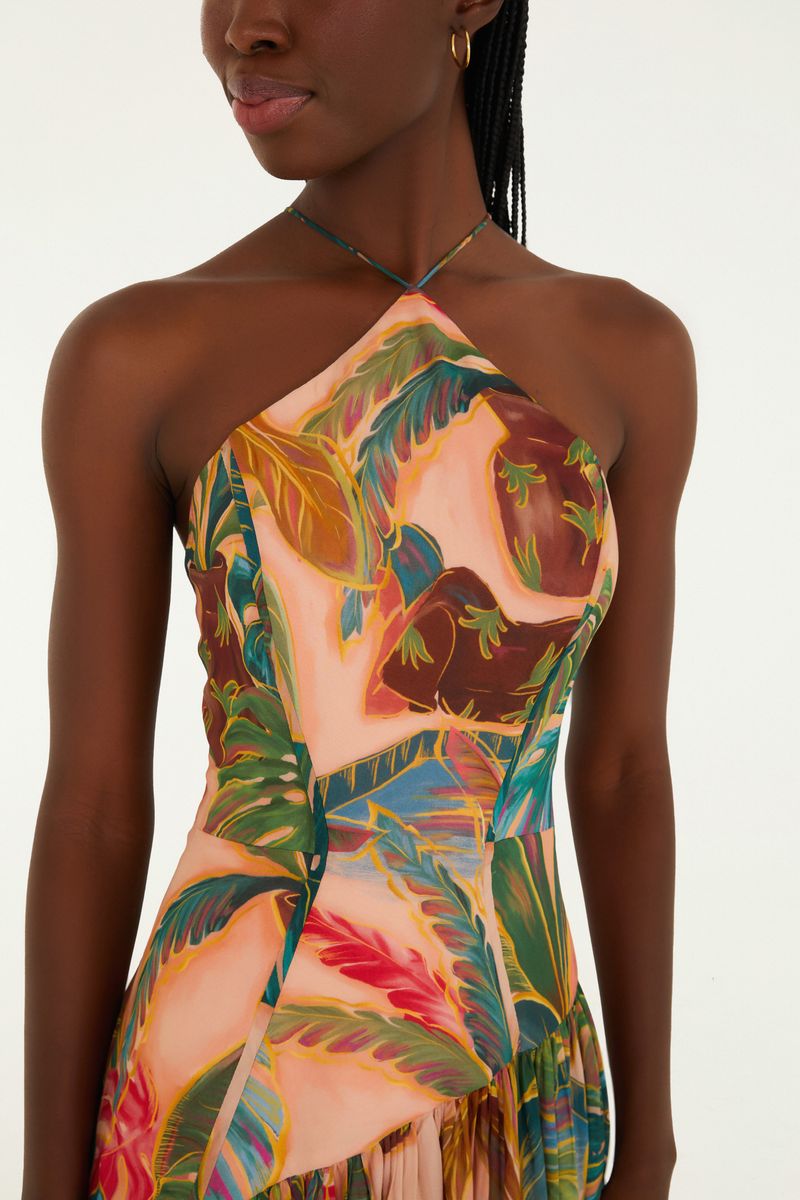 Vestido Longo Frente Única Estampado Piscina Tropical