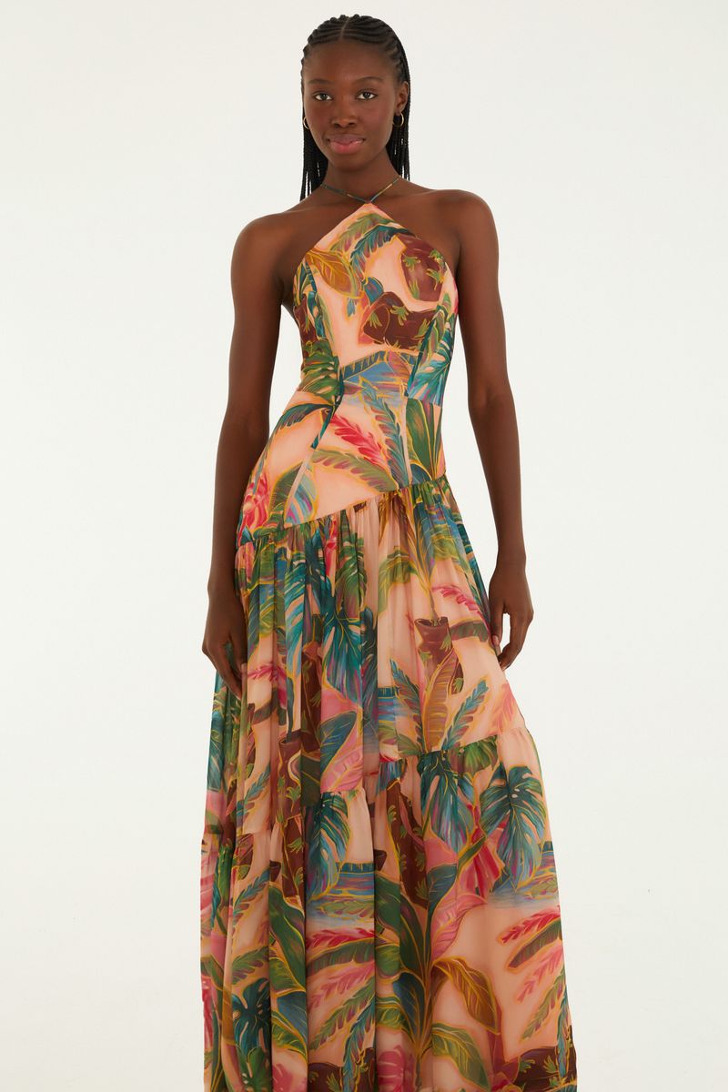 Vestido Longo Frente Única Estampado Piscina Tropical