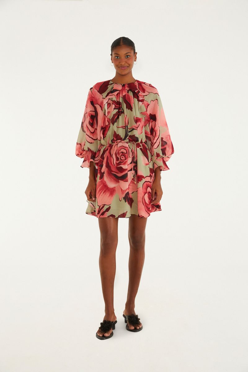 Vestido Curto Estampado Rosas Pintadas
