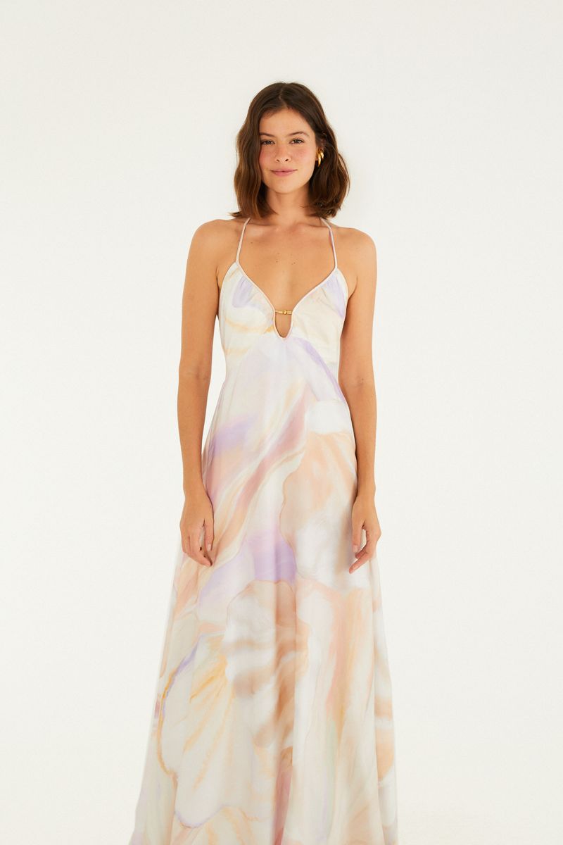 Vestido Longo Alças Estampado Maxi Pérola