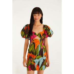 Vestido Curto Manga Estampado Mujeres y Flores