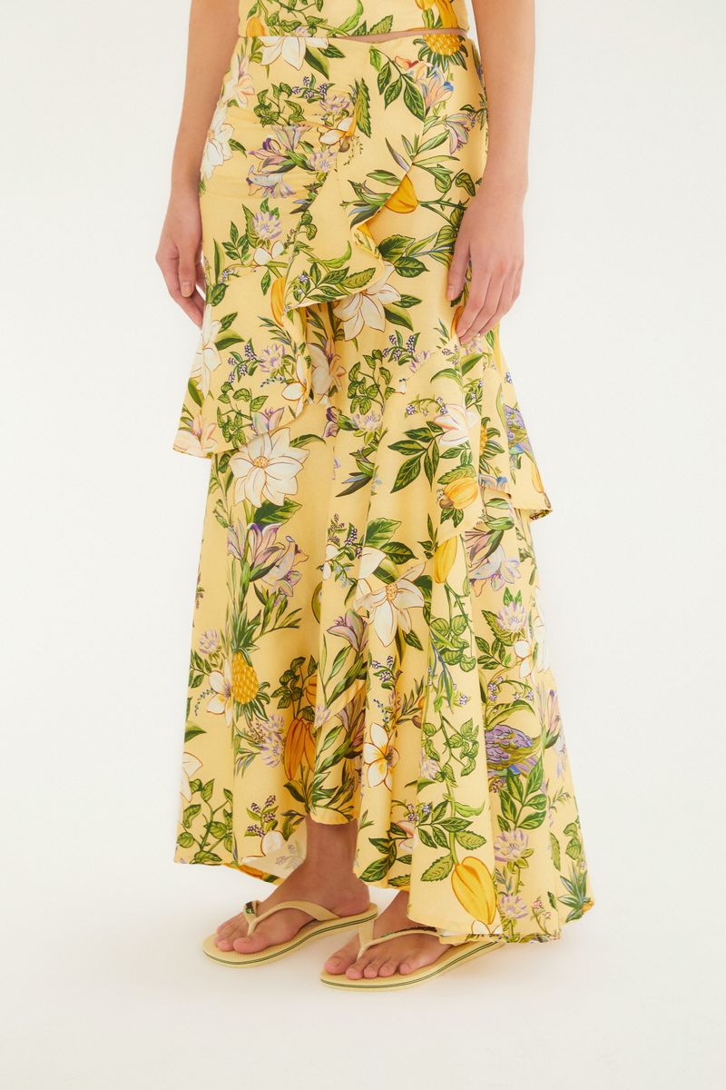 Saia Camadas Estampada Pássaro De Flor