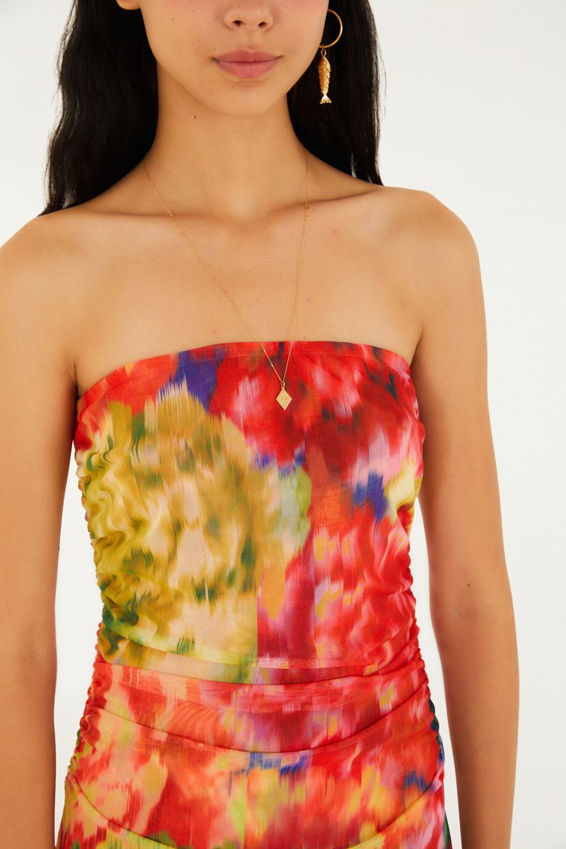 Blusa Sem Alça Tule Estampada Chita Astral