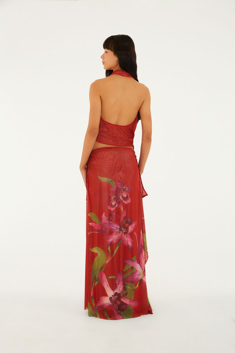 Saia Midi Tule Estampada Floral Orquídea