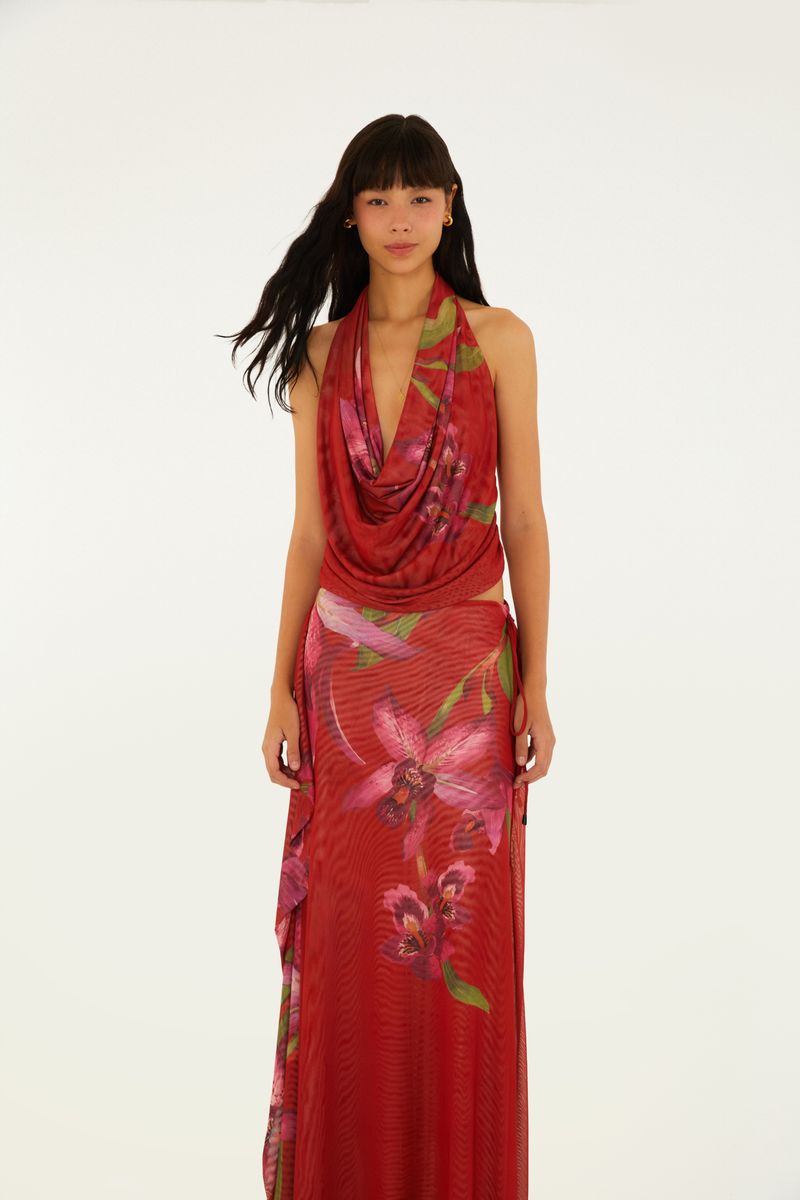 Saia Midi Tule Estampada Floral Orquídea