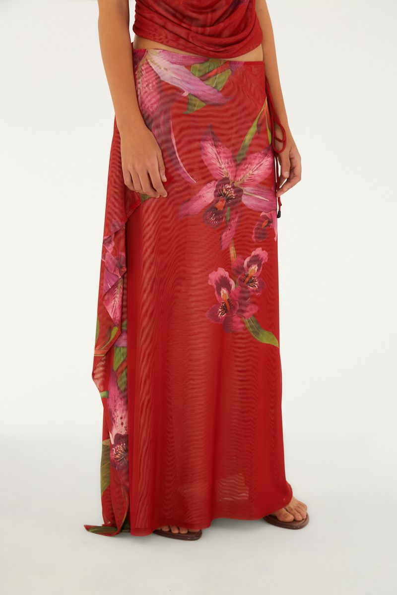 Saia Midi Tule Estampada Floral Orquídea