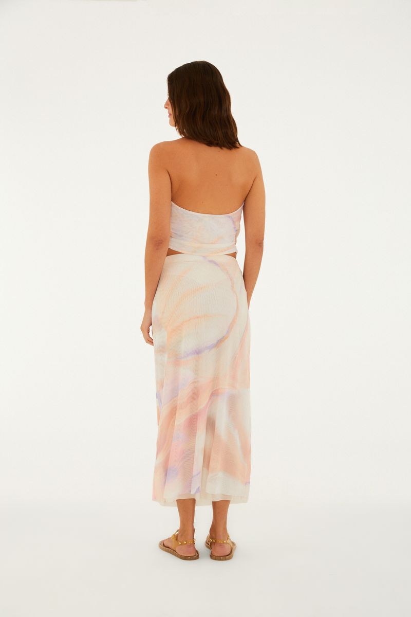 Saia Midi Tule Estampada Pérola Do Mar