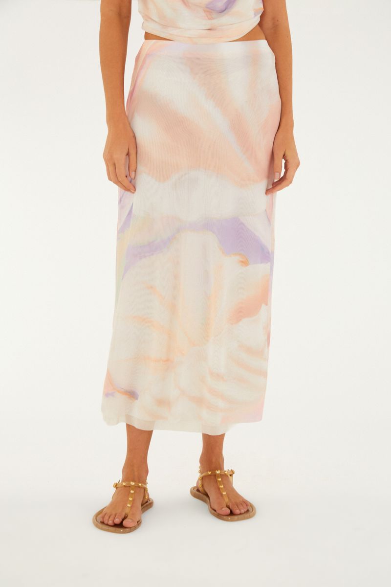 Saia Midi Tule Estampada Pérola Do Mar