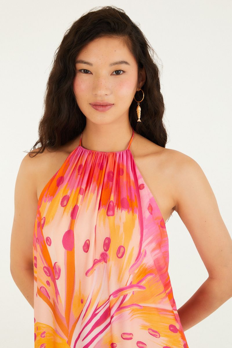 Vestido Frente Única Estampado Lírio Tropical