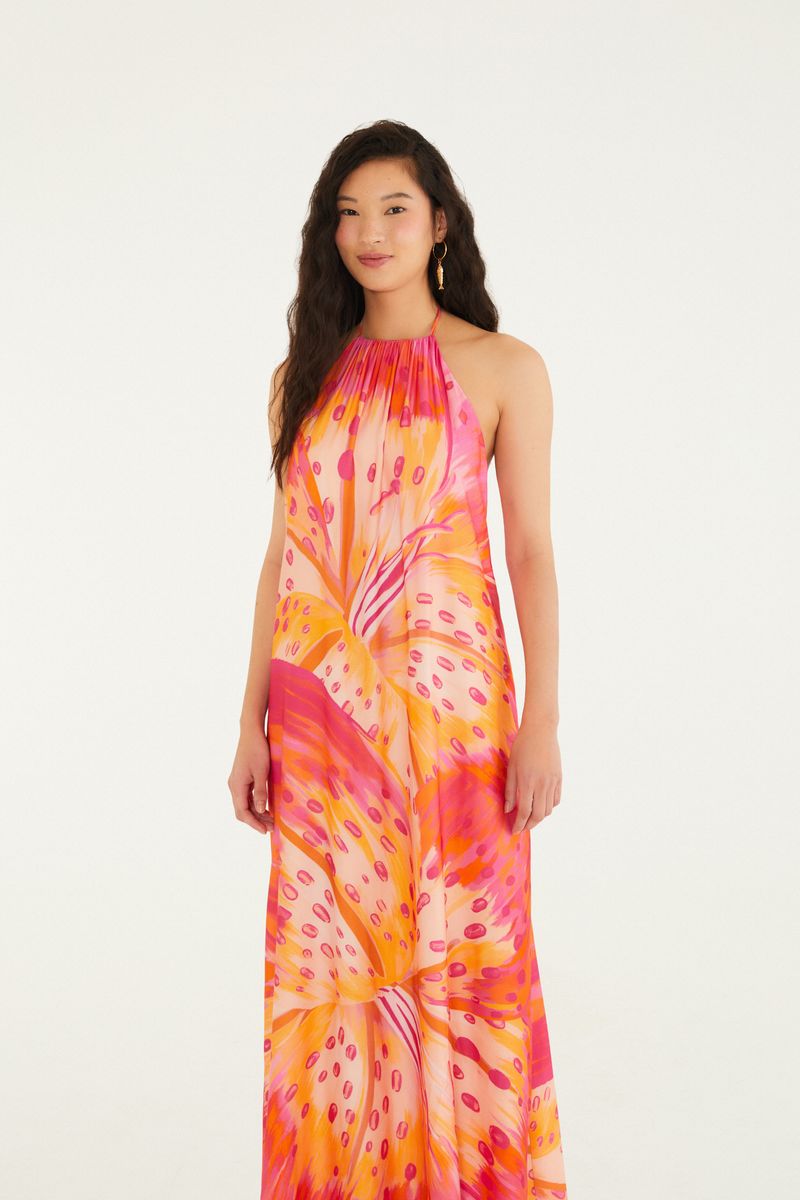 Vestido Frente Única Estampado Lírio Tropical