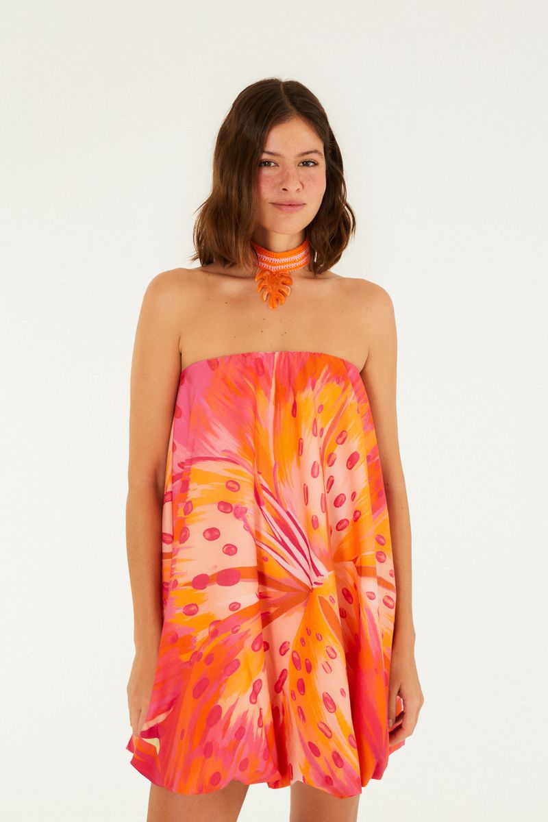 Vestido Curto Balonê Estampado Lírio Tropical