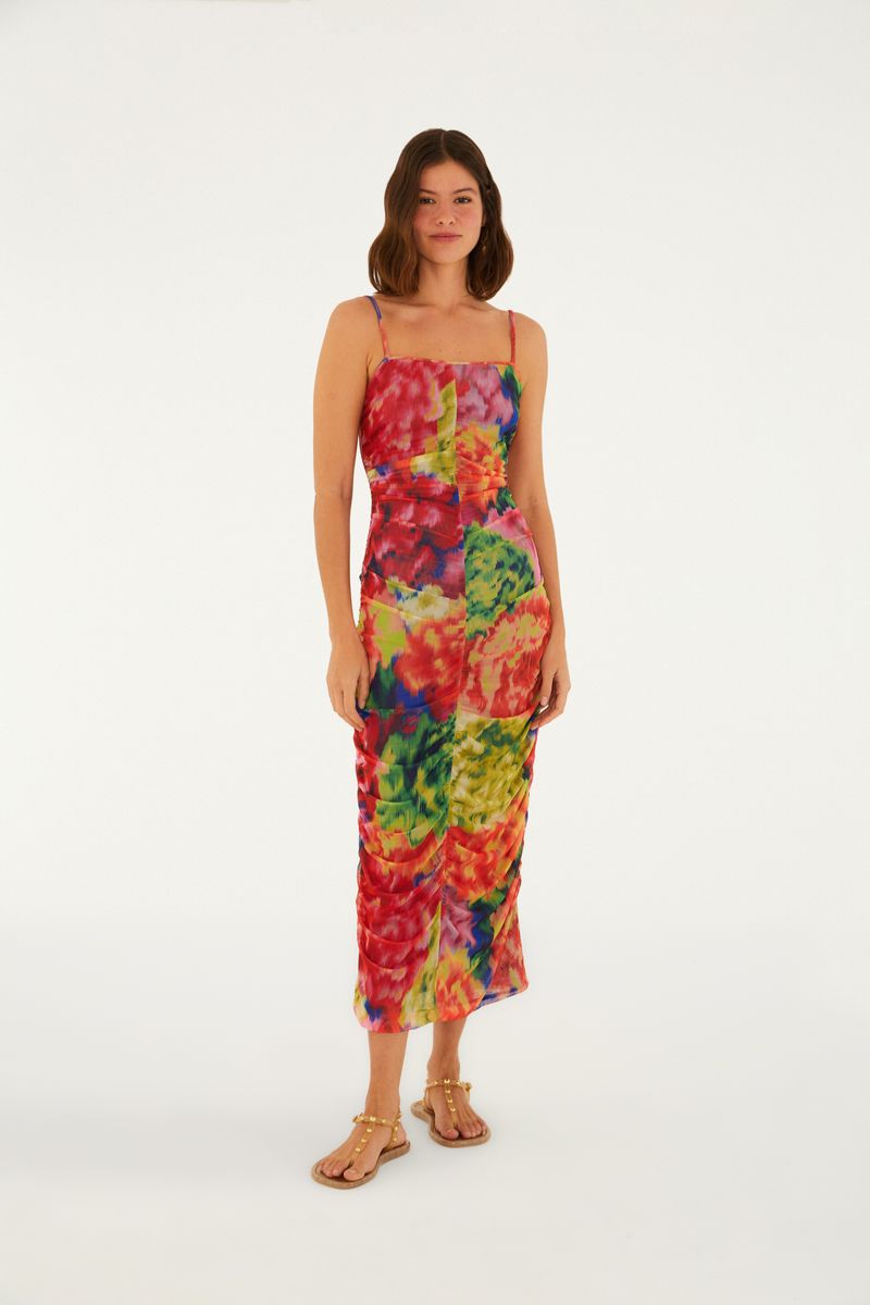Vestido Tule Franzido Estampado Chita Astral