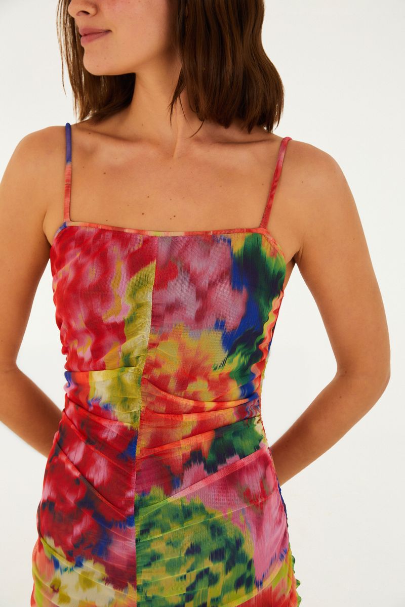 Vestido Tule Franzido Estampado Chita Astral