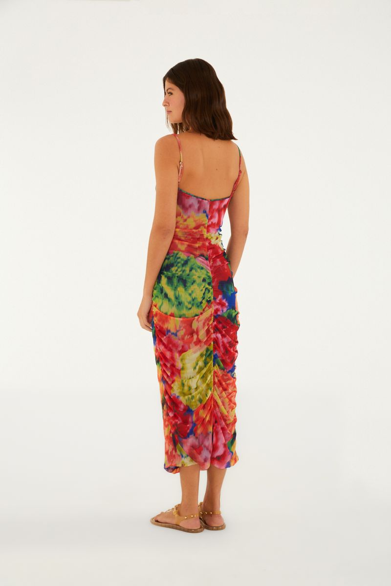 Vestido Tule Franzido Estampado Chita Astral