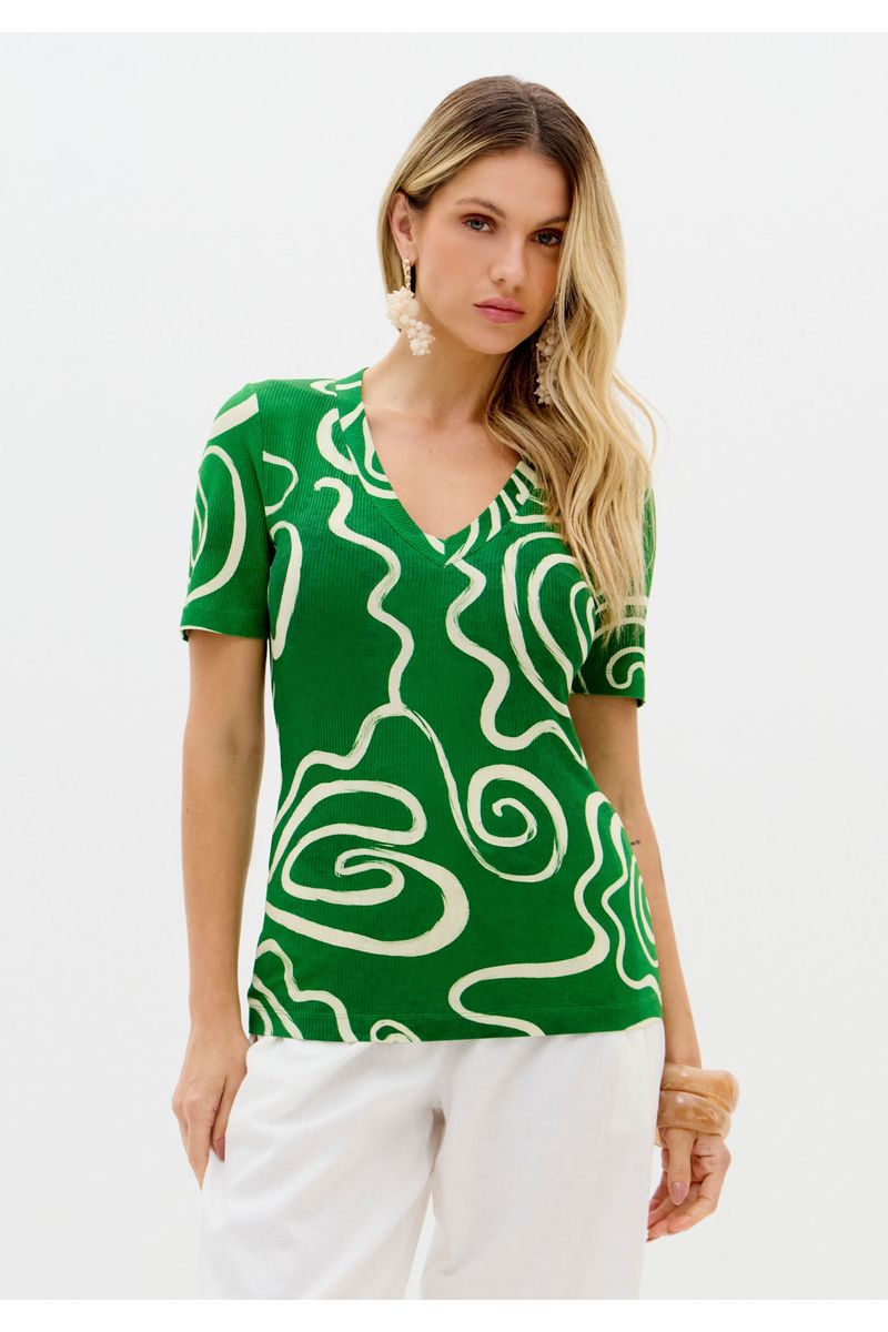 Blusa Canelada Estampada Manga Curta