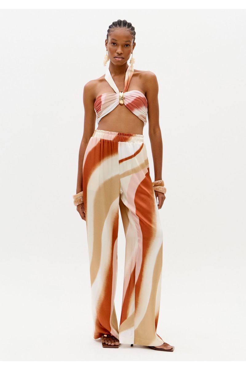 Calça Wide Leg Estampada Com Bolsos