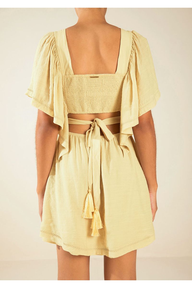 Vestido Morena Rosa Ajustado Decote Careca Manga Curta Curto Amarelo