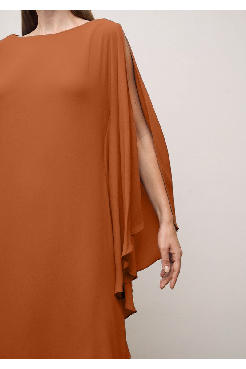 Vestido Iódice Solto Decote Canoa Manga Longa Midi Laranja