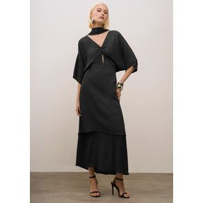 Vestido Iódice Solto Decote V Manga Longa Midi Preto