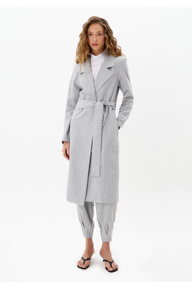 Trench Coat Alongado Risca de Giz Com Faixa