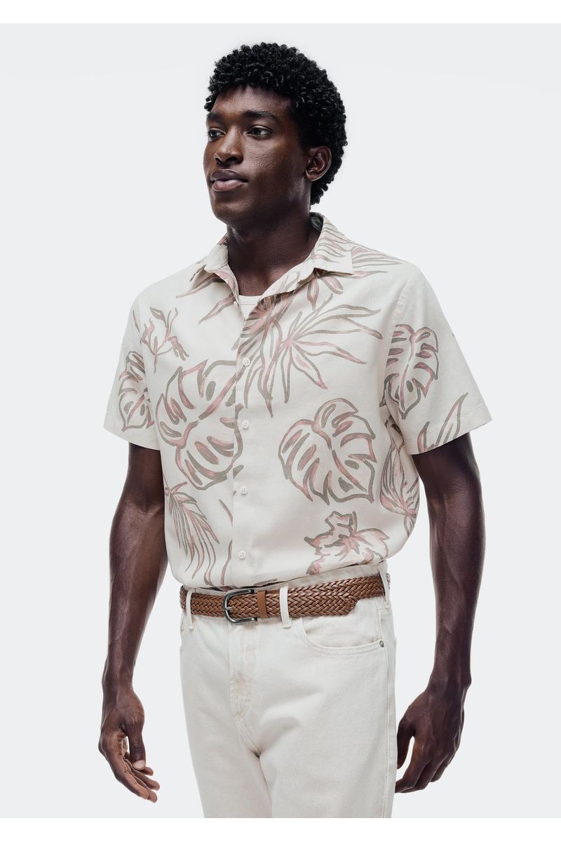 Camisa Masculina Manga Curta Estampada Com Linho