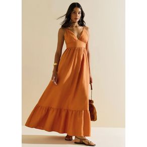 Vestido Morena Rosa Solto Decote V Com Alça Longo Laranja