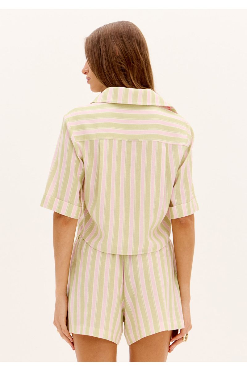 Camisa Cropped Manga Curta Listrada Com Linho
